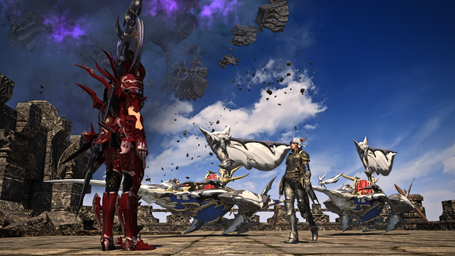 My second Miqo'te (out of four or something, shhhh) steps off a light one-person airborne vehicle called a Manacutter. She, and a tall guy are both in metal armour. Hers, thankfully, is not drenched in dragon blood.

The dragon was the reason for the armour. Needs must, but she'd rather not.

She does like technology more than my main character. I find it helpful to create differences in my head-canon, because there are a limited number of character customisations and, in the lower levels (and lesser-financed ones), outfit options are limited.

I still try to give them unique personalities, though.