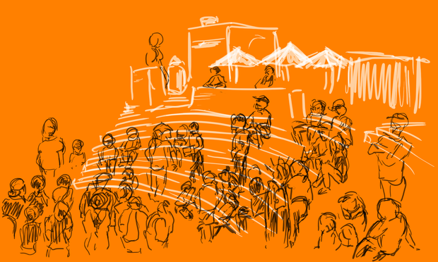 A brick-red background, with a wide arc of steps in white ink, and a crowd of people, sitting and standing, in black ink