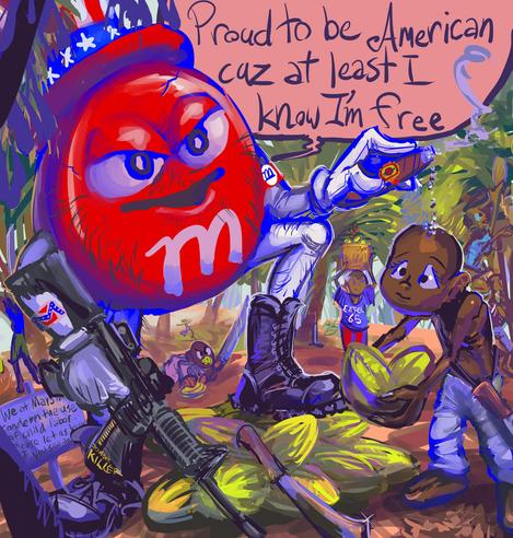 horrible red M&M mascot wearing a USA-themed hat and paraphrasing the song "God Bless the USA" while standing with one foot on a pile of cacao beans, one hand holding a military grade firearm and the other tapping ashes on to the head of a malnourished child worker attempting to add several beans to the pile