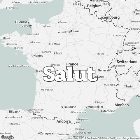 Map of France overlaid with a translation of the word "hello": Salut.