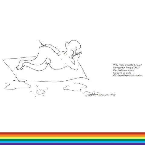 A minimalist line drawing of a nude masculine figure lying in their side while on a flying carpet, with one hand resting under their chin. Beside the figure is text that expresses a message of acceptance regarding sexuality. “Why make it sad to be gay? Doing your thing is OK. Our bodies our own, So leave us alone, Go play with yourself—today.” The sketch includes John’s signature, scribbled clouds and a sun in the bottom left corner.