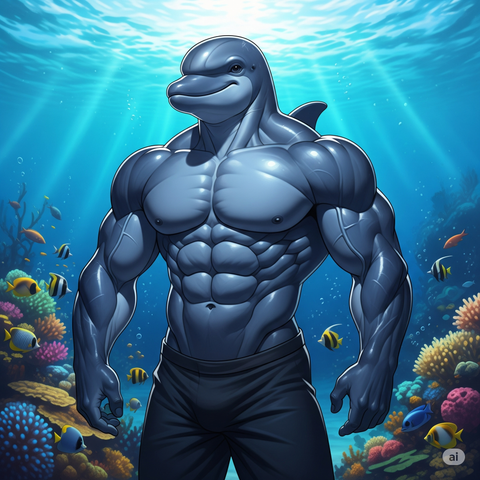 An AI-generated image of a shirtless anthropomorphic male dolphin with big muscles.