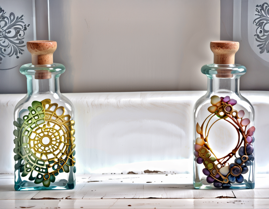 Two decorative glass bottles with cork stoppers, featuring intricate floral and geometric designs in soft pastel tones, on a slightly dirty ceramic counter. A space between the two bottles suggests a third that is missing.