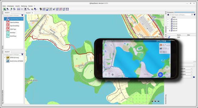 Bildbeschreibung:
Mein Navi-Handy, vor der aktuellen Kartenansicht von QMapShack.
