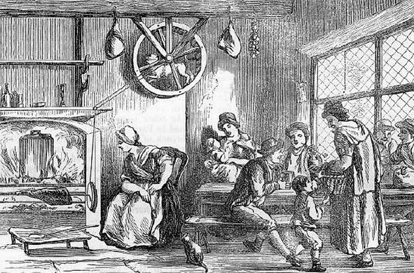 This is an engraving of an English kitchen in the 18th century showing a turnspit dog at his work.

There a number of people to the side waiting for meat to be served and a female cook looking at the progress. The large open fireplace to the left is connected to a small wooden wheel on the right upper wall, and a tiny Dachshund-esque dog runs within it.