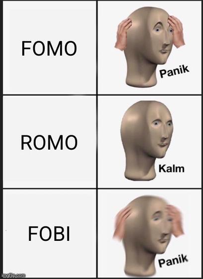 The so-called meme man in three panels

1. Panel: FOMO: The face with hands to its sides labelled Panik
2. Panel: ROMO: The face without hands, labeled calm
3. Panel: FOBI: The face with hands, shacking, labeled panik