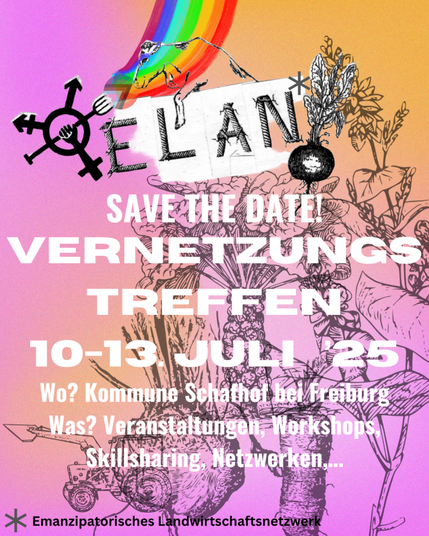 Rosa-orangeber Hintergrund, weiße Schrift, kleine Symbole und 'ELAN' mit den Infos zur Veranstaltung, die auch im Text stehen.