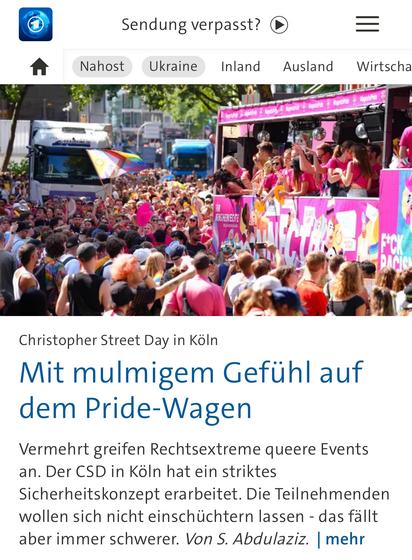 Das erste Bild zeigt einen festlich geschmückten Pride-Wagen beim Christopher Street Day in Köln, umgeben von einer großen, bunten Menschenmenge. Trotz der fröhlichen Stimmung liegt ein Schatten über der Szene: Die wachsende Bedrohung durch Rechtsextreme macht vielen Teilnehmenden Sorgen. Das zweite Bild zeigt eine Regenbogenfahne, die gegen das Sonnenlicht weht – Symbol für Vielfalt, Sichtbarkeit und Menschenrechte. Im politischen Kontext jedoch bleibt diese Fahne unerwünscht: Die Bundestagspräsidentin verweigert ihre Platzierung auf dem Parlamentsgebäude – ein stilles, aber lautes Signal der Ausgrenzung.

⸻

📷 Image Description (English):
The first image shows a colorfully decorated Pride float at Cologne’s Christopher Street Day, surrounded by a large, joyful crowd. Despite the festive atmosphere, a sense of unease prevails due to increasing threats from right-wing extremists. The second image shows a rainbow flag fluttering against the sun – a global symbol of diversity, dignity, and inclusion. Yet in Germany’s political sphere, this flag is being sidelined: the Bundestag president has refused to fly it over parliament – a silent but powerful act of exclusion.🖖
