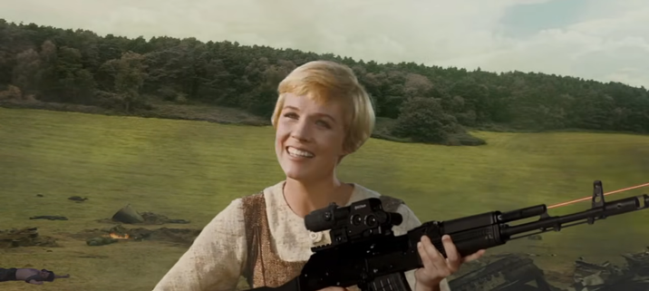 A remixed image from the film "Sound of Music". Julie Andrews from the title-theme sequence, only she's holding an assault rifle.