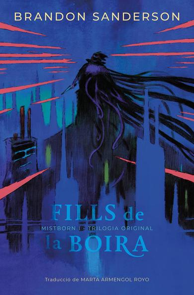 Coberta del llibre amb il·lustració de tons blaus, sobretot blau elèctric. Veiem siluetes d'edificis alts i també la silueta d'una figura fosca, d'esquenes, amb una capa que esfilagarsada i una daga a la mà