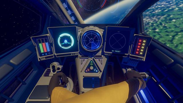 A view from the POV of a pilot in a sci-fi starfighter cockpit, featuring controls configured for left-handed pilots. The arms are crossed as the code that defaults which hand goes where has not yet been updated.