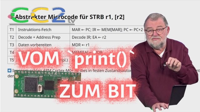 Rechts ein Mensch, links unten ein Raspberry-Pi-Pico-Microcontroller, im Hintergrund eine Tabelle mit Microcode-Befehlen. Vorne groß der Schriftzug "Vom print() zum Bit".