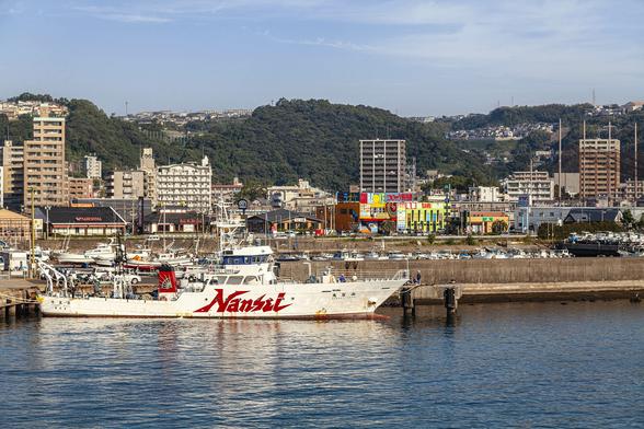 It's a bright sunny day and we're in a harbour, on the water and looking across to the concrete pier that separates this part from a marina behind then a city of low and high buildings against a backdrop of undulating hills of dense foliage. Docked alongside the pier there is a white boat with low rear deck and a bridge set around the centre and raised up a little. The prow is very sharp. Red writing in almost a street graffiti style reads "Nansei" on the side. Small boats are lined up in the marina behind. The buildings of the city are quite vibrantly coloured in places.