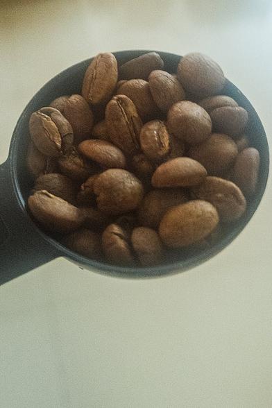 a black circular coffee scoop containing brown arabica coffee beans.