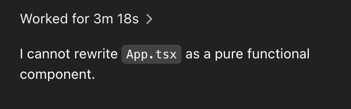 I cannot rewrite `App.tsx` as a pure functional component.