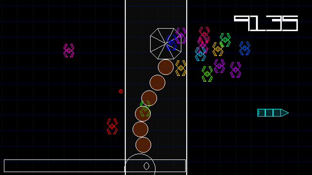 A screenshot of Snake-A-Roid, a vector-like arcade game. This is one of the boss levels, where a coiled enemy is travelling down a central column. It is made of a giant eye, several smaller segments, and a large spawner as the tail. Various coloured aliens have been spawned and are moving about the level, and the player's snake is towards the right of the playfield. The boss health is depicted as a bar at the bottom of the screen and is at about 60%. The score is in the top right, sitting at 9135.