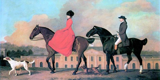 Sullo sfondo una residenza di campagna maestosa, in primo piano due cavalieri, un uomo ed una donna, elegantemente vestiti ed accompagnati da due cani da caccia. Il completo da amazzone di lei è rosso, con un cappello nero; lui ha una redingote grigia e culottes bianche infilate negli stivali
