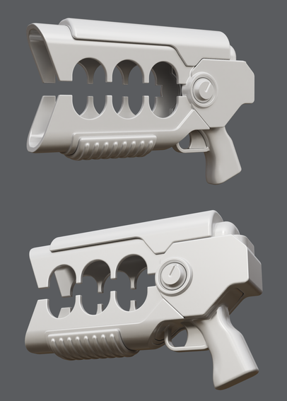 Screenshots of the SDF Modeler 3D editor, showing a science-fiction plasma gun model in progress.