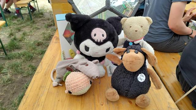 Eine Ratte, ein Pfirsichwal, ein schwarzes Plüschschaf, eine weiße Katze mit schwarzer Haube mit einem rosa Totenkopf auf der Stirn, sowie einen Bär. Sie stehen auf einem Campingtisch.