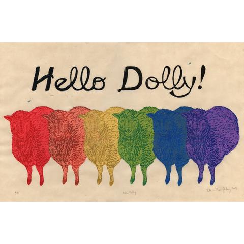 This print is my one of a kind lino cut with chine collé (collaged rainbow of Japanese somegami kozo washi papers repeated image of the same sheep in, from left to right, red, orange, yellow, green, blue, violet) and the words "Hello Dolly!" in black, on cream coloured Japanese kozo (or mulberry) paper.⁠