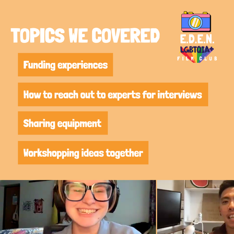 Text on orange background reads: “Topics we covered,” followed by:
– Funding experiences
– How to reach out to experts for interviews
– Sharing equipment
– Workshopping ideas together
Below the text are two smiling people on a video call.