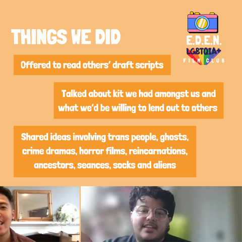Text on orange background reads: “Things we did,” followed by:
– Offered to read others’ draft scripts
– Talked about kit we had amongst us and what we’d be willing to lend out to others
– Shared ideas involving trans people, ghosts, crime dramas, horror films, reincarnations, ancestors, seances, socks and aliens 
Below the text are two smiling people on a video call.