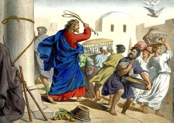 illustration of Jesus clearing the temple of merchants and grifters