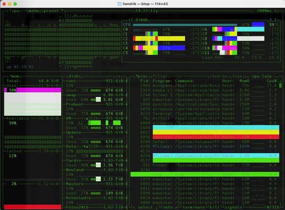 Screenshot of the BTOP command line program shows a high system load - but without displaying the load on the graphics card