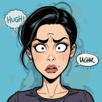 Ilustración de una mujer con expresión de sorpresa y frustración, con diálogos que dicen 'HUGH!' y 'UGHH!'. Su cabello es negro y lleva aretes, con un fondo azul.