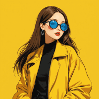 Ilustración de una mujer con gafas azules y abrigo amarillo, frente a un fondo amarillo.