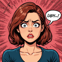 Ilustración de una mujer con cabello castaño, expresión de frustración y ojos grandes, en un fondo radial rosa. La mujer está diciendo 'UGH..!' en un globo de diálogo.