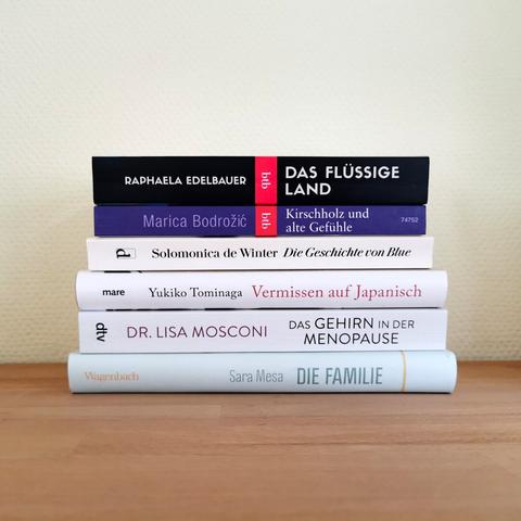 Auf dem Foto ist ein Bücherstapel auf einer hellen Holzoberfläche vor einer hellgelben Wand fotografiert. Die Bücher werden in der Caption aufgelistet.