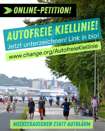 Sharepic. Hintergrundbild eine autofreie Kiellinie Nord mit Menschen, die zu Fuß gehen, radfahren, spielen auf der Fahrbahn.

Text: Online-Petition!
Autofreie Kiellinie! Jetzt unterzeichnen! Link in bio! https://www.change.org/AutofreieKiellinie

Meeresrauschen statt Autolärm