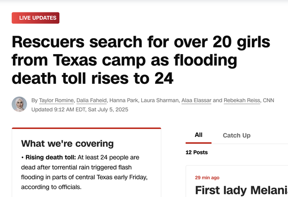 Rescuers search for over 20 girls from Texas camp as flooding death toll rises to 24 

Rising death toll: At least 24 people are dead after torrential rain triggered flash flooding in parts of central Texas early Friday,