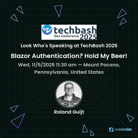 Session card for Blazor Authentication? Hold My Beer! at TechBash 2025, happening Nov 5 at Kalahari Resort in the Poconos.