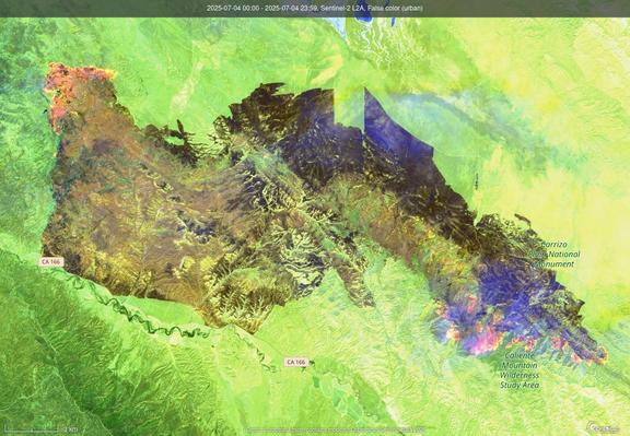 Black area which is burn, red areas burning on a satellite image