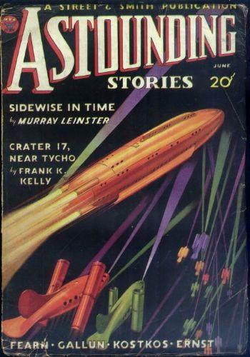 Cover for the June 1934 issue of Astounding. A spaceship is shot at by a bunch of smaller airplane-like spacecraft.
