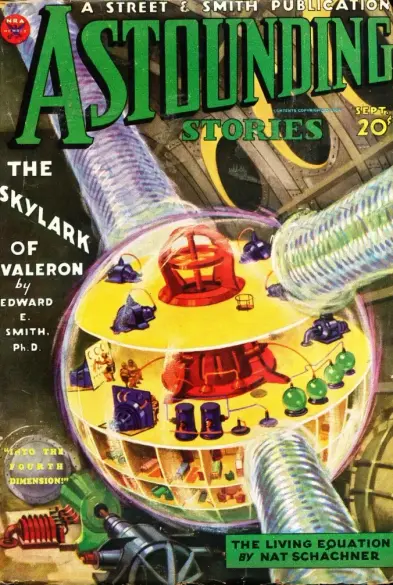 Cover for the Sept. 1934 issue of Astounding. Its looks like a complex interior technology with multiple tubes and devices of a spacecraft (it seems like the hull of the craft is in the background).