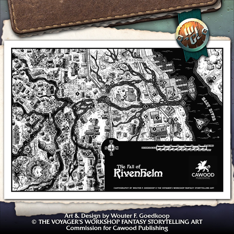 A hand drawn and inked black & white top-down city map of a be part of Rivenhelm, the setting of Cawood Publishing second adventure for any fantasy RPG.