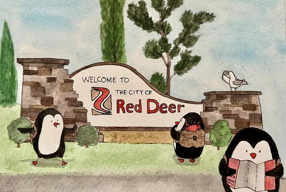 Illustration of three penguins, a seagull and a crab standing in front of the city sign of Red Deer, Alberta, Canada.