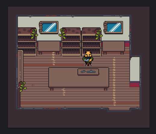 Work in progress of a pixelart image of a little workshop, with a character standing behind a large table.