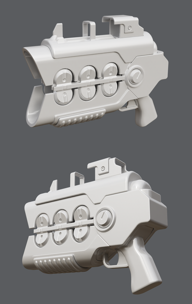 Screenshots of the SDF Modeler 3D editor, showing a science-fiction plasma gun model in progress.
