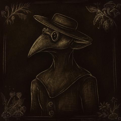 Digital sepia toned scratchboard style illustration of an anthro hairless cat wearing a  beaked mask, large brimmed hat and dark googles.
In each corner are small illustrations of various plants and mushrooms