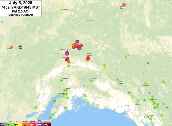 Map of Alaska and the Yukon Territory showing reported PM2.5 AQI values at about 745am AKDT/845am MST Saturday, July 5, 2025.