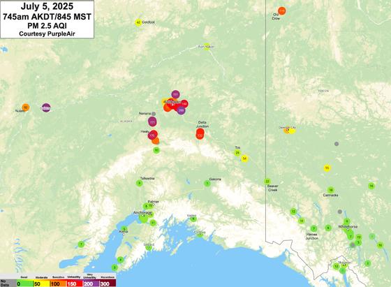 Map of Alaska and the Yukon Territory showing reported PM2.5 AQI values at about 745am AKDT/845am MST Saturday, July 5, 2025.