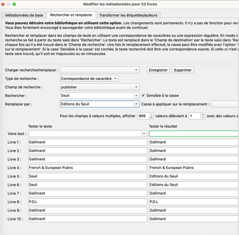 capture d'écran du logiciel avec une fonction "tester le résultat" dans un rechercher/remplacer sur 33 titres.