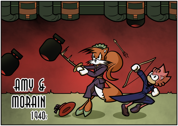 Amy and Morain are running through the pre-boss bomb section from Angel Island Act 2. Morain's spinning to attack a bomb with her sword while Amy is shooting an arrow at the aircraft. Both are dressed in 1940s style woolen suits. The caption read "Amy & Morain: 1940s"