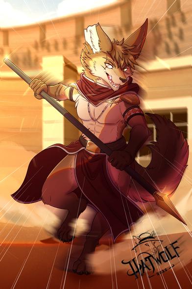 An anthro fennec fox warrior with golden-brown fur charges forward in a sunlit desert arena, gripping a long spear with both hands. He has large, expressive ears, a lean muscular build, and a confident, toothy grin. He wears a flowing maroon garment around his waist, a red scarf draped over his shoulders, and arm bands. Motion lines and kicked-up dust emphasize his speed, while a blurred crowd watches in the background. The image is dynamic and dramatic, with warm lighting. Signed “Hatwolf 2025” in the bottom right corner.
