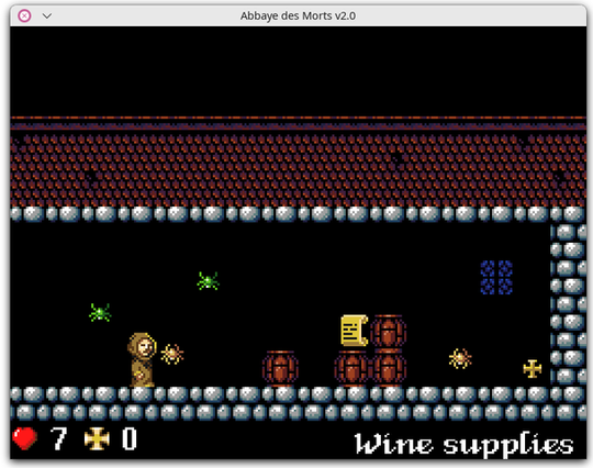 🕶️ A view of its UI (v.2.0 on my Linux PC). The protagonist (a monk) is in a low-rise building with 4 deadly spiders descending from its (tiled) roof, forming obstacles (along with a few barrels) between him and a cross and a scroll.

📚️ Abbaye des Morts is a libre and multi-platform platformer released in 2010, inspired by the tragic history of the Cathars and ZX Spectrum platformers such as Manic Miner. The player embodies a Cathar in the 13th century in Languedoc (France) fleeing the Catholic Church, and finding refuge in an old church, not knowing that under its ruins lay an ancient evil. This SDL port offers 23 scenes, 30 minutes of gameplay with secrets to discover and items to collect.