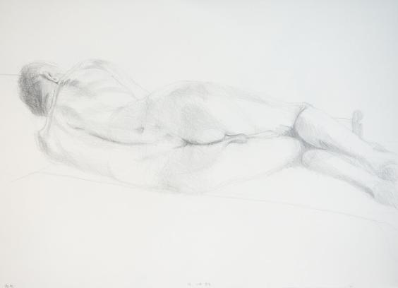 Drawing portrait of a male model lying on a coach. His is lying on his side, back to the viewer. Hs balls can be seen between his legs.